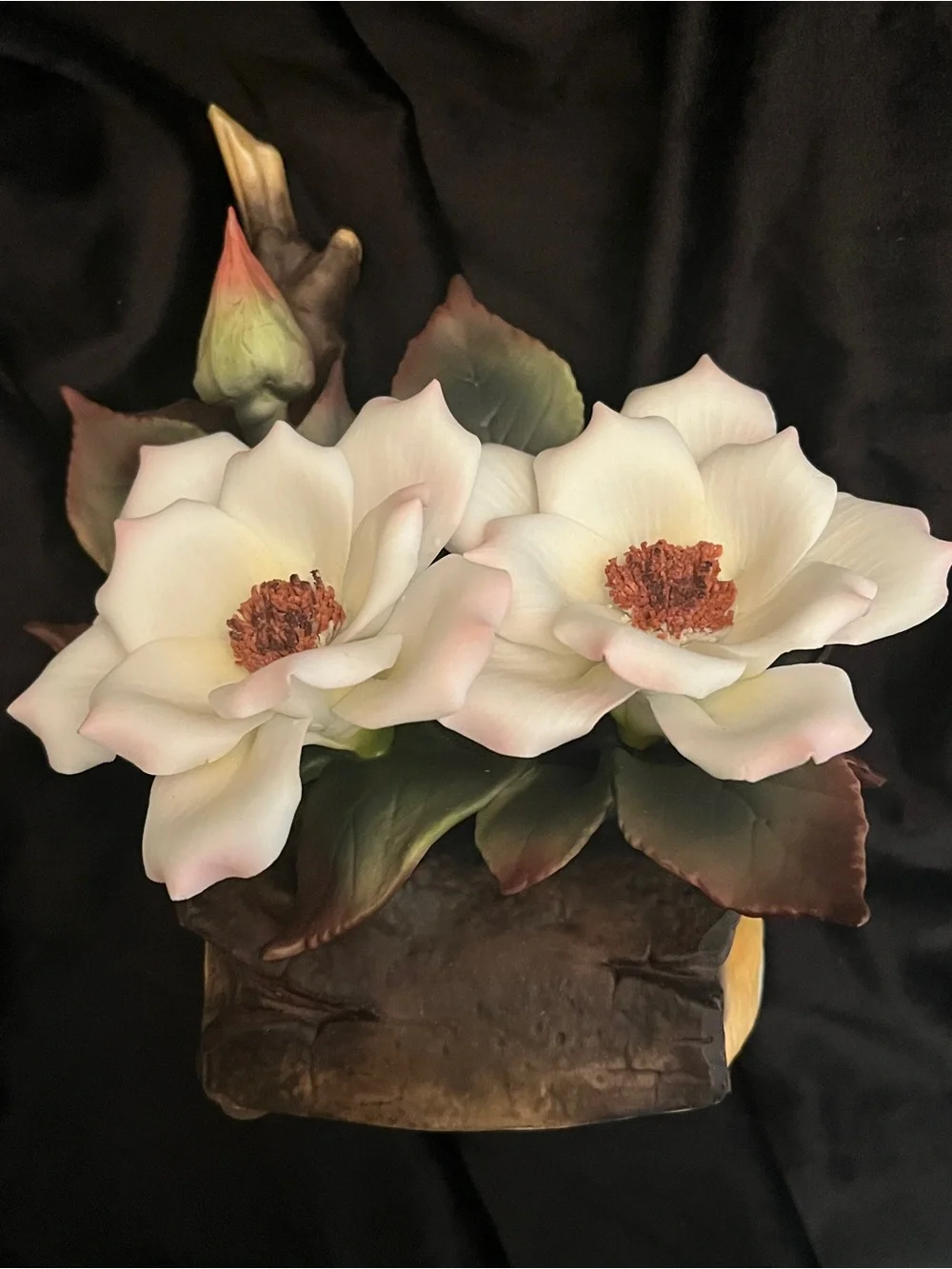 Vintage Porcelain Magnolia Flower Music Box Tree Stump Floral Figurine